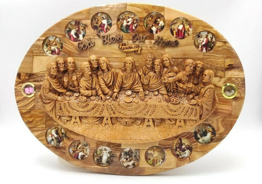Olive Wood Last Supper with Pictures of 14 Station