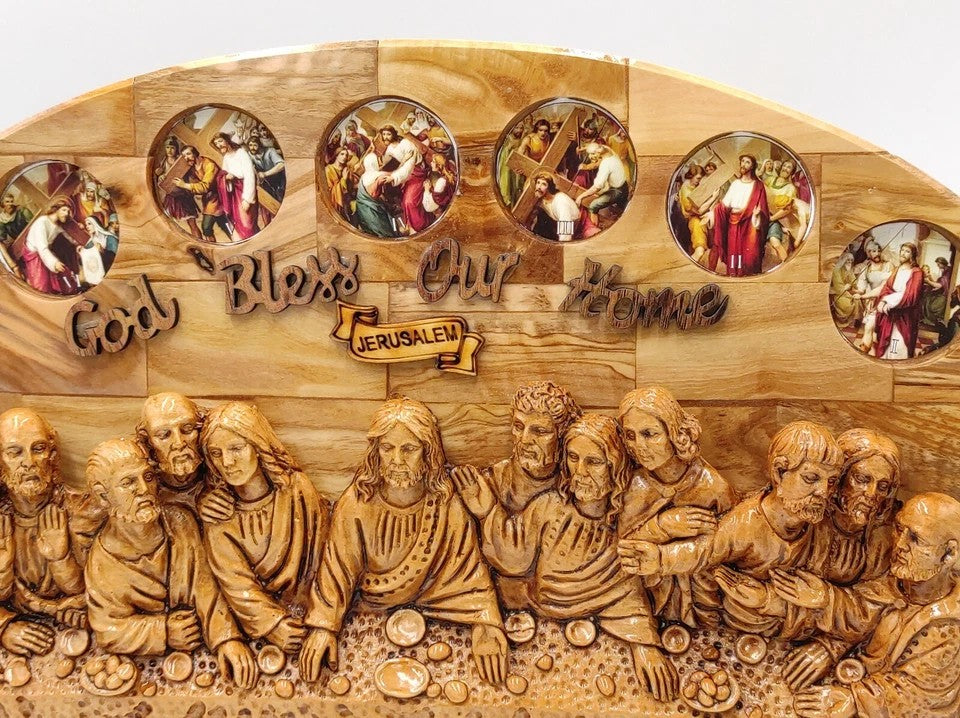 Olive Wood Last Supper with Pictures of 14 Station