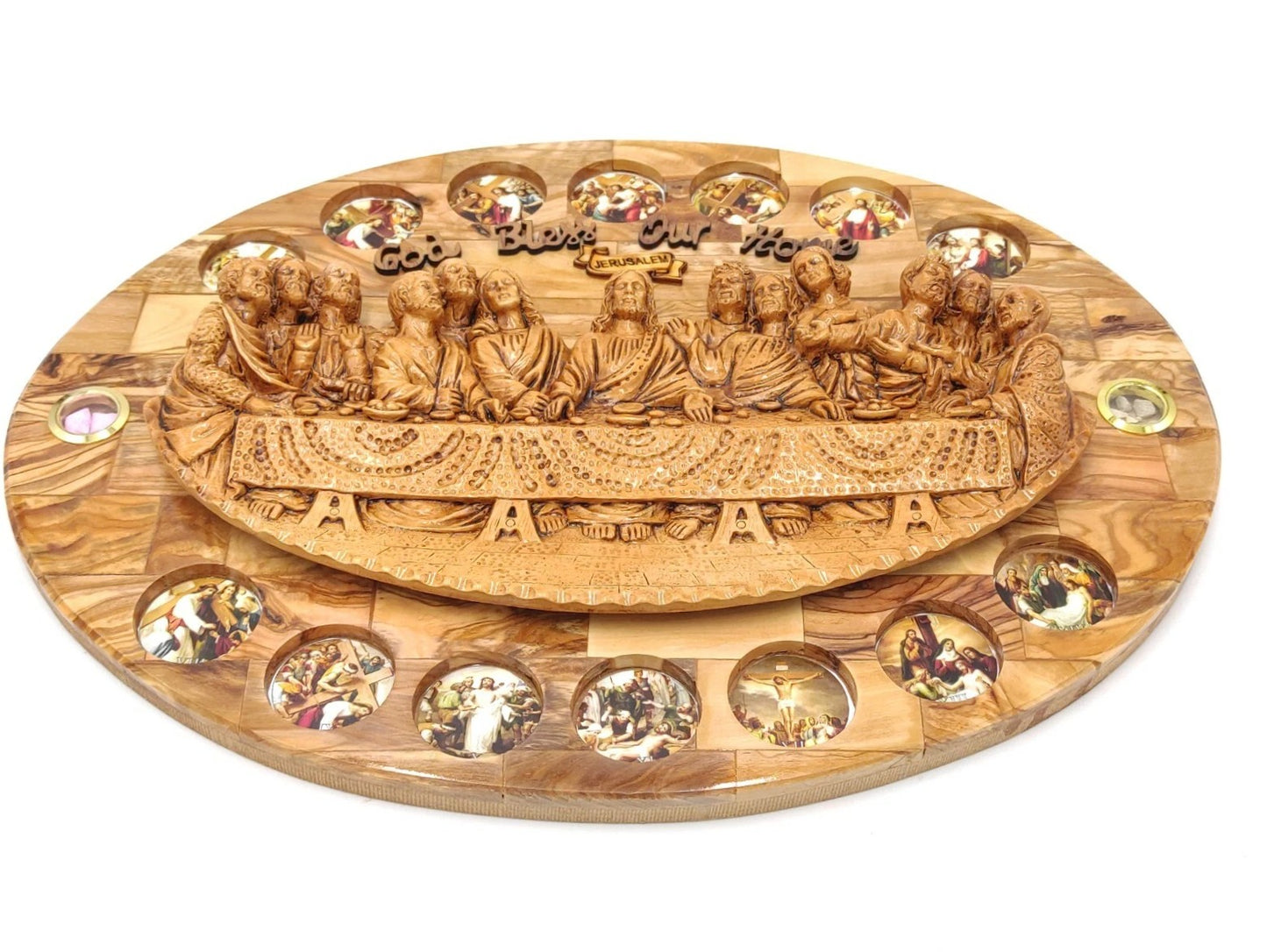 Olive Wood Last Supper with Pictures of 14 Station