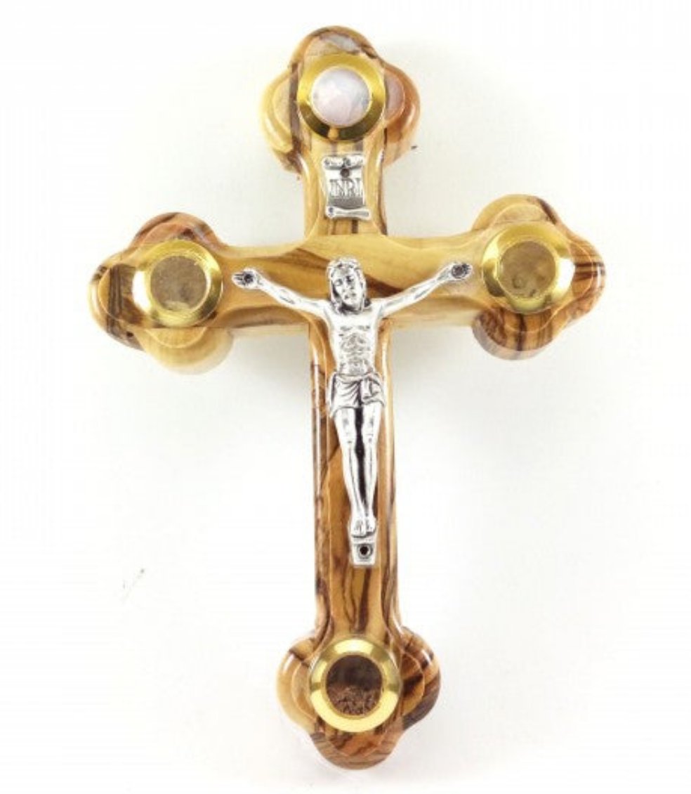 Olive Wood Wall Cross with Elements from Holy Land